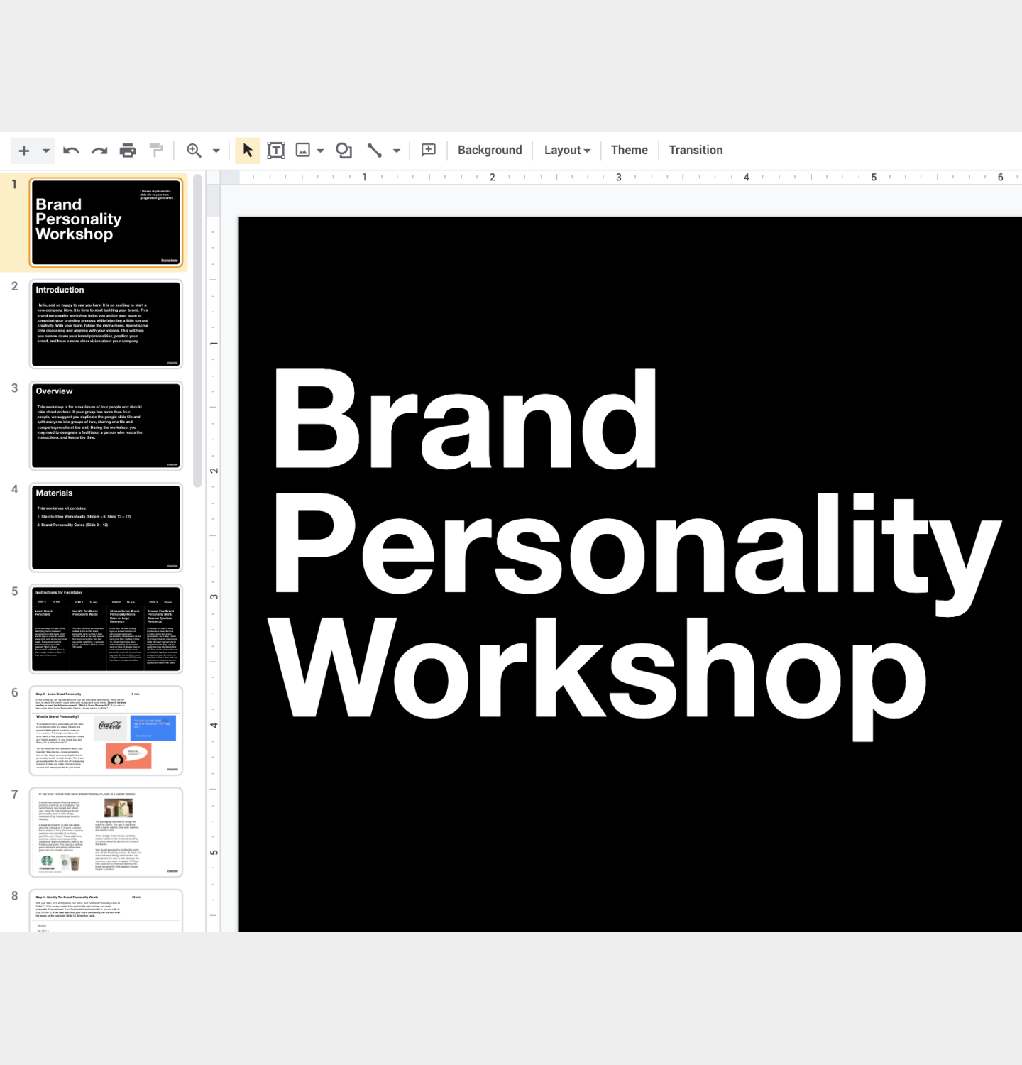 our brand personality workshop kit inside Google slides