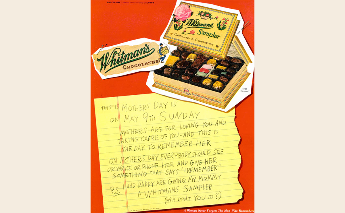 This 1954 Whitman’s chocolate Mother’s Day ad screams “mid-century!”: a vivid red background, a real photograph of candy, and a yellow “handwritten” note graphic from a child. It uses cheerful colors and friendly type – Hallmark later noted that 1950s cards often featured cute animals and playful lettering​