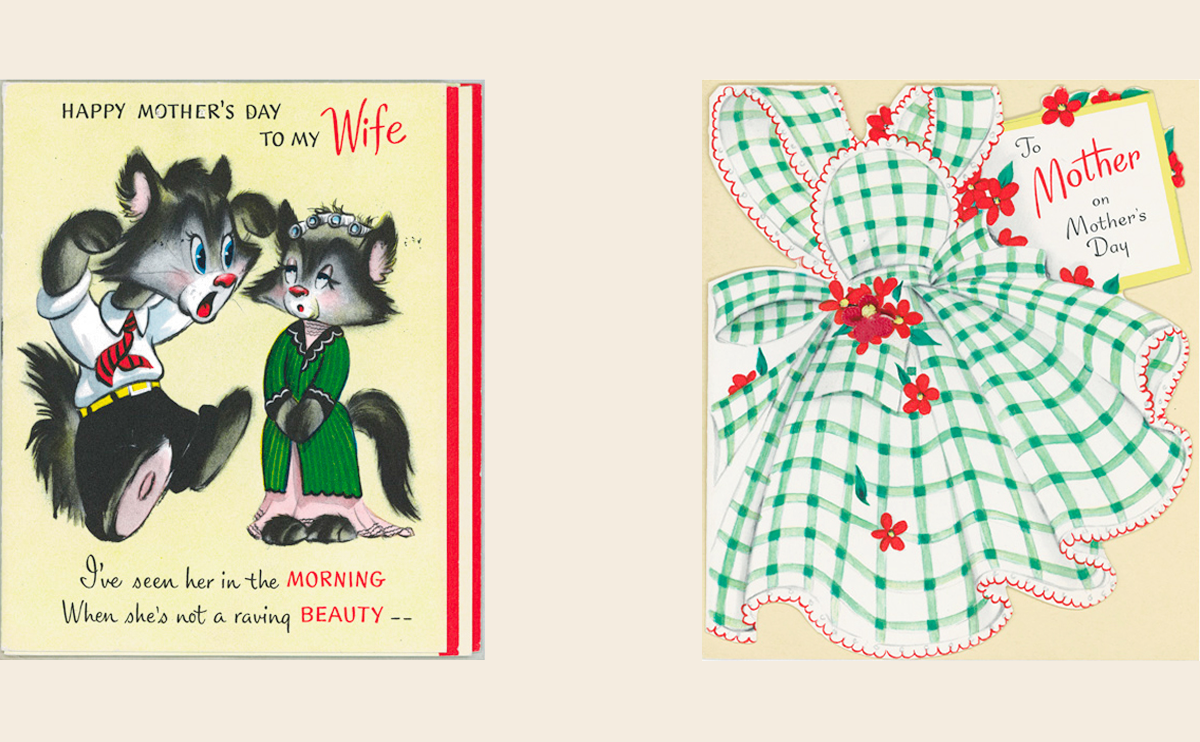 1950s Mother's day greeting cards featuring cartoon characters and hand written fonts. Source: ideas.hallmark.com.