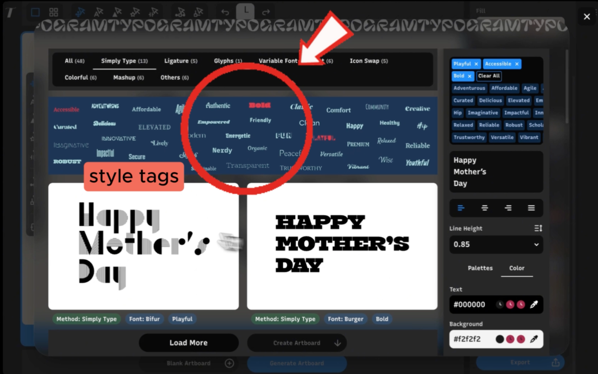 sort through the generated art board using style tags
