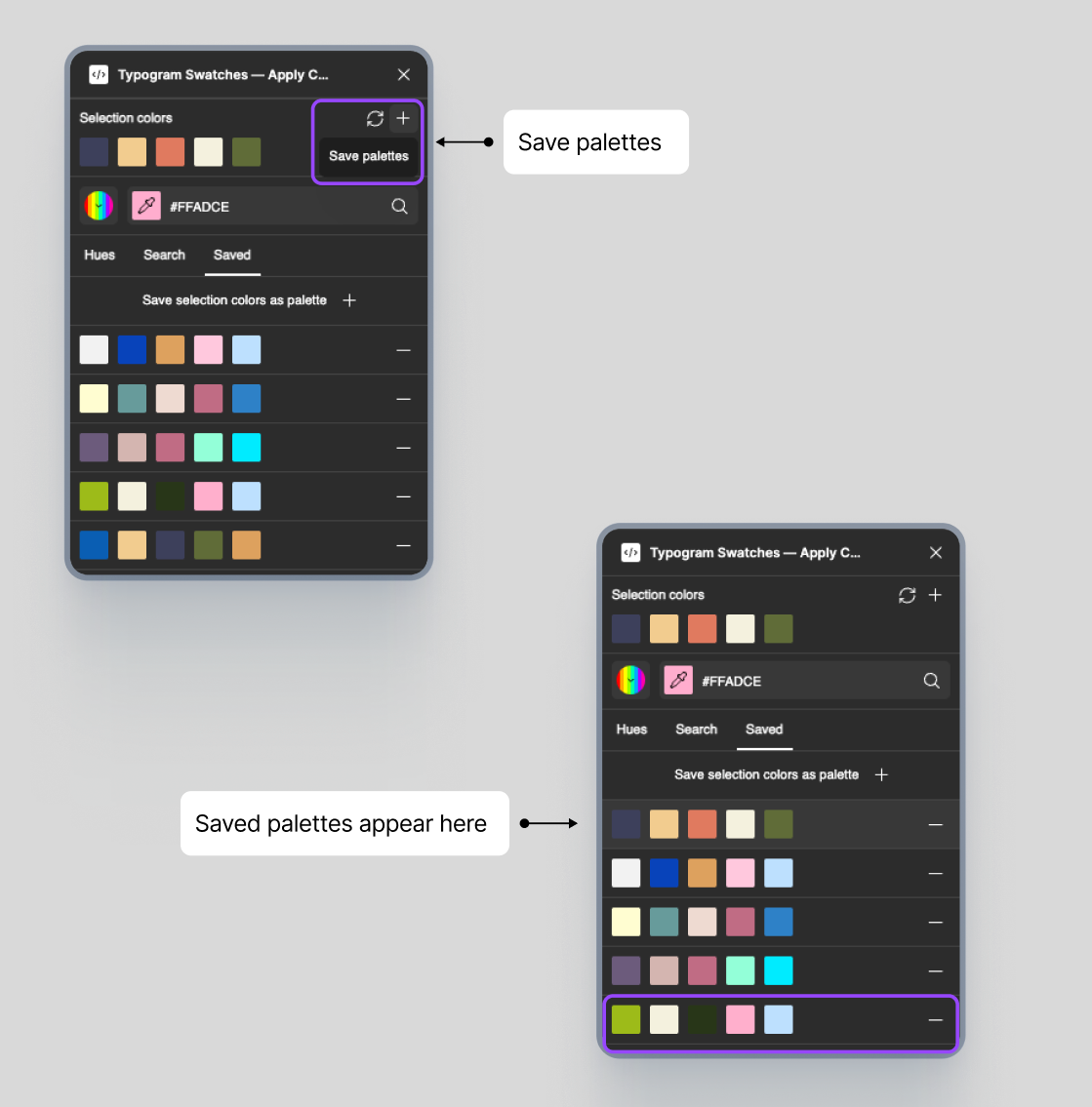 designing a UI, building a brand identity, crafting illustrations, or experimenting with generative layouts, this plugin helps you move from inspiration to application in seconds. Bonus – it also works with Figjam!     Check out Typogram Swatches on Figma  So, if you’ve ever searched:  “How do I test multiple color palettes in Figma?”  “How do I search color palettes by hex code?”  “What’s the best Figma plugin for building color systems?”  “How can I save and reuse custom color palettes in Figma?”   Typogram Swatches is built to answer those exact questions.  Why We Built Typogram Swatches  In our own workflow, we often found color exploration in Figma to be fragmented. You manually build swatches, scroll through external palette websites, or laboriously copy hex codes and meticulously select colors one by one just to test variations. None of it feels fluid.  As designers who are passionate about how typography and color interact, we wanted a Figma plugin that:  Encourages experimentation  Supports cohesive color systems  Speeds up iteration  Makes palette testing feel effortless    Typogram Swatches brings structured color exploration directly into your Figma workflow.  What Makes Typogram Swatches Different? Search color palettes by exact matches and similar hues  Most tools only return palettes with an identical hex value.  Typogram Swatches lets you enter any HEX code and discover palettes that also include matching colors and similar hues close to your value, matched by proximity. This is especially helpful when:  You already have a brand color  You want complementary or analogous tones  You’re refining subtle color variations  You’re building a scalable color system   You get both rigid matching and flexible exploration to help you expand your inspiration and produce more design ideas.   Browse curated color palettes inside Figma  You can explore palettes by:  Hue (red, blue, yellow, and more)  Popular, human-made curated collections  Gradient-based color systems    This makes it easy to move between structured UI palettes and expressive branding combinations — all without leaving Figma.  Instantly apply color palettes to your design  Select any frame or layers in Figma. Typogram Swatches instantly shows the current selection color for preview and editing. Click any palette under “Hues” to instantly apply its colors to discover new color ideas.  If no layer is selected, the plugin automatically generates organized color swatch chips on your canvas (See more in “Special Tip: Create Color Swatch Chips from Palettes”).   This is perfect for:  Moodboards  Brand exploration  UI theme testing  Visual experimentation    If you’ve searched “How do I quickly test different color schemes in Figma?” — this is the solution.   Special Tip: Create Color Swatch Chips from Palettes  When there is a selection, clicking on a palette will apply that palette to the selected artwork; when there is no layer selected, clicking on a palette will create color swatch chips, which are rectangles for each color in the palette.   Create and save custom color palettes
