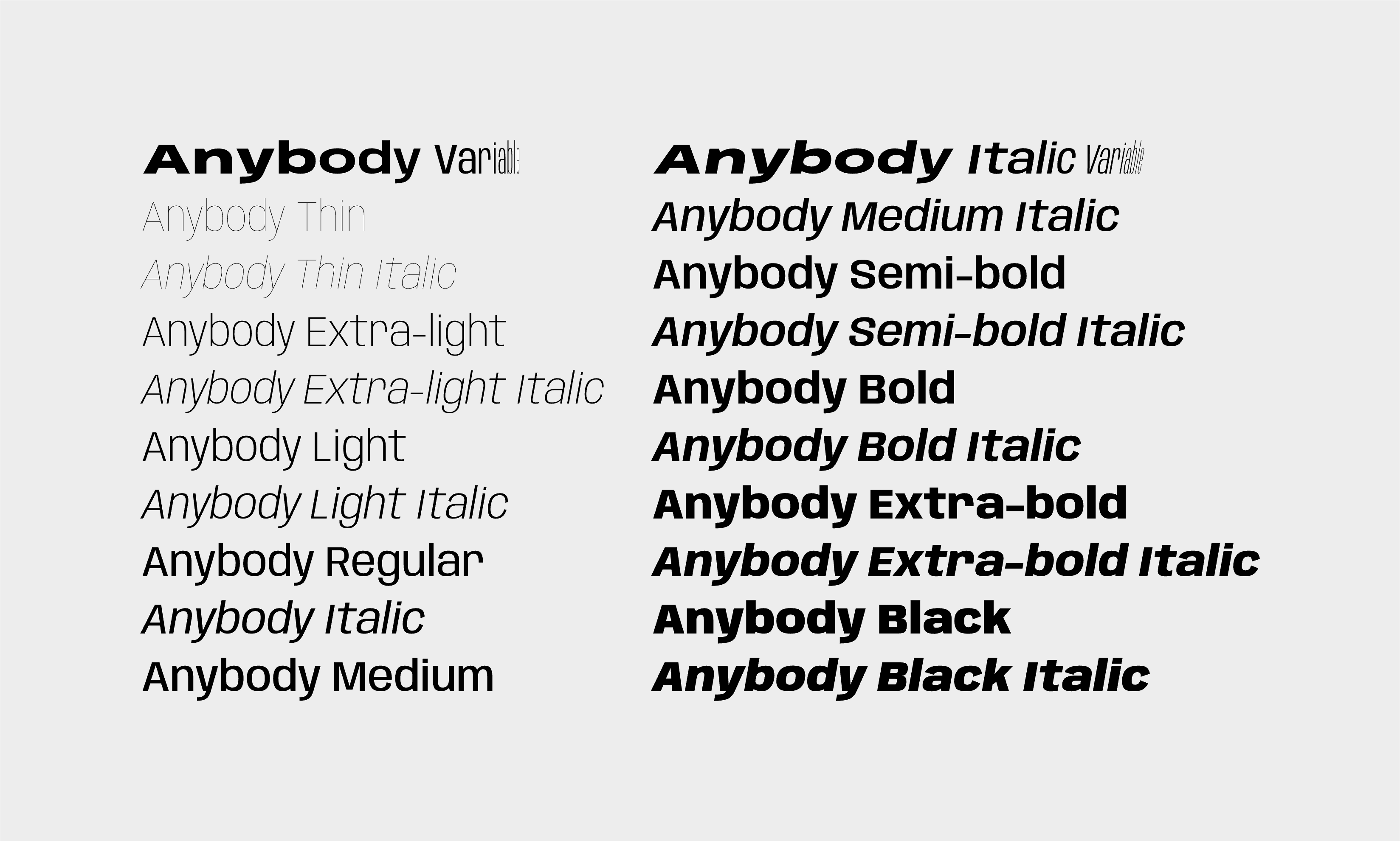 all the various weights of anybody typeface