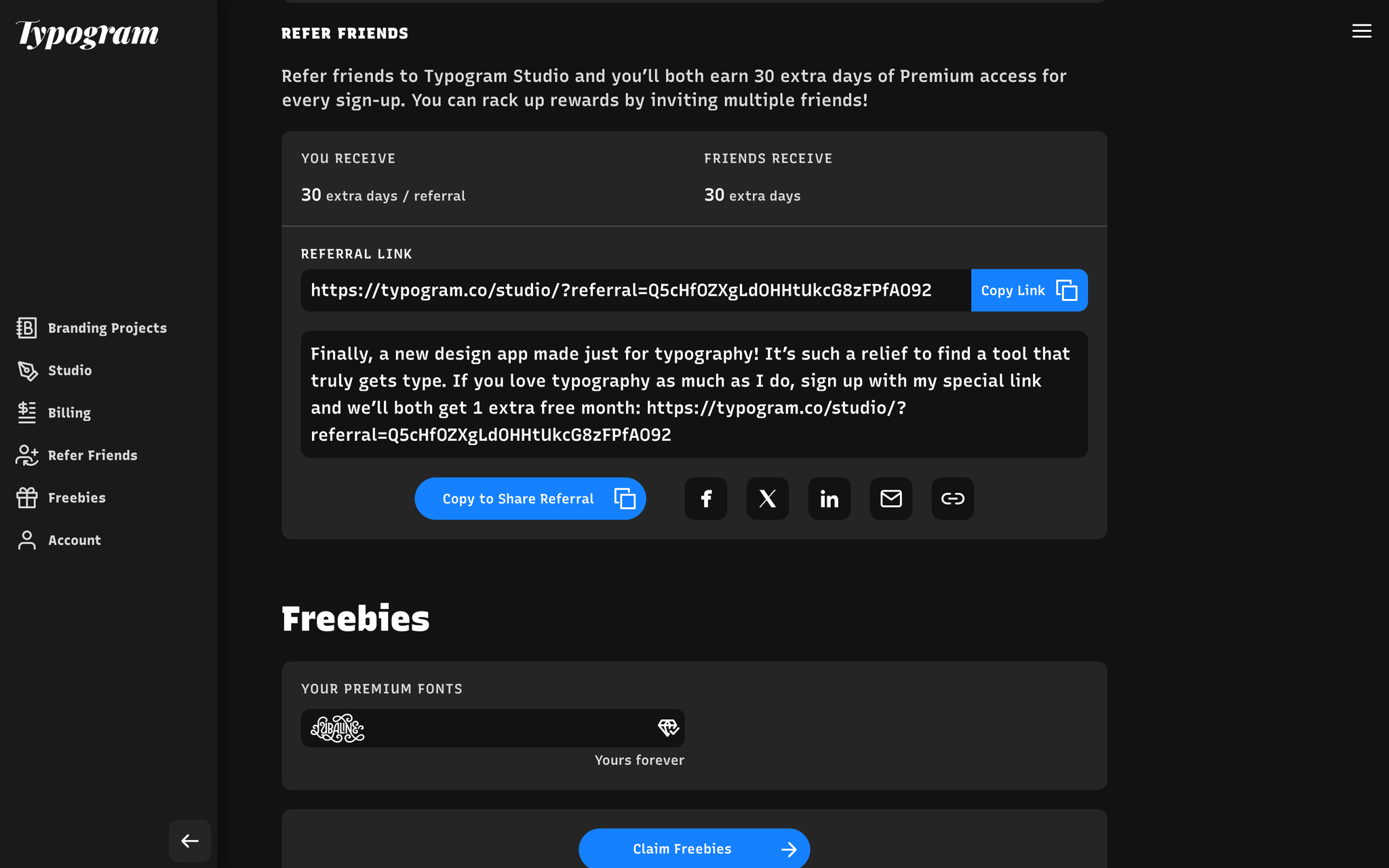 Referral section in Account page — copy your unique link here