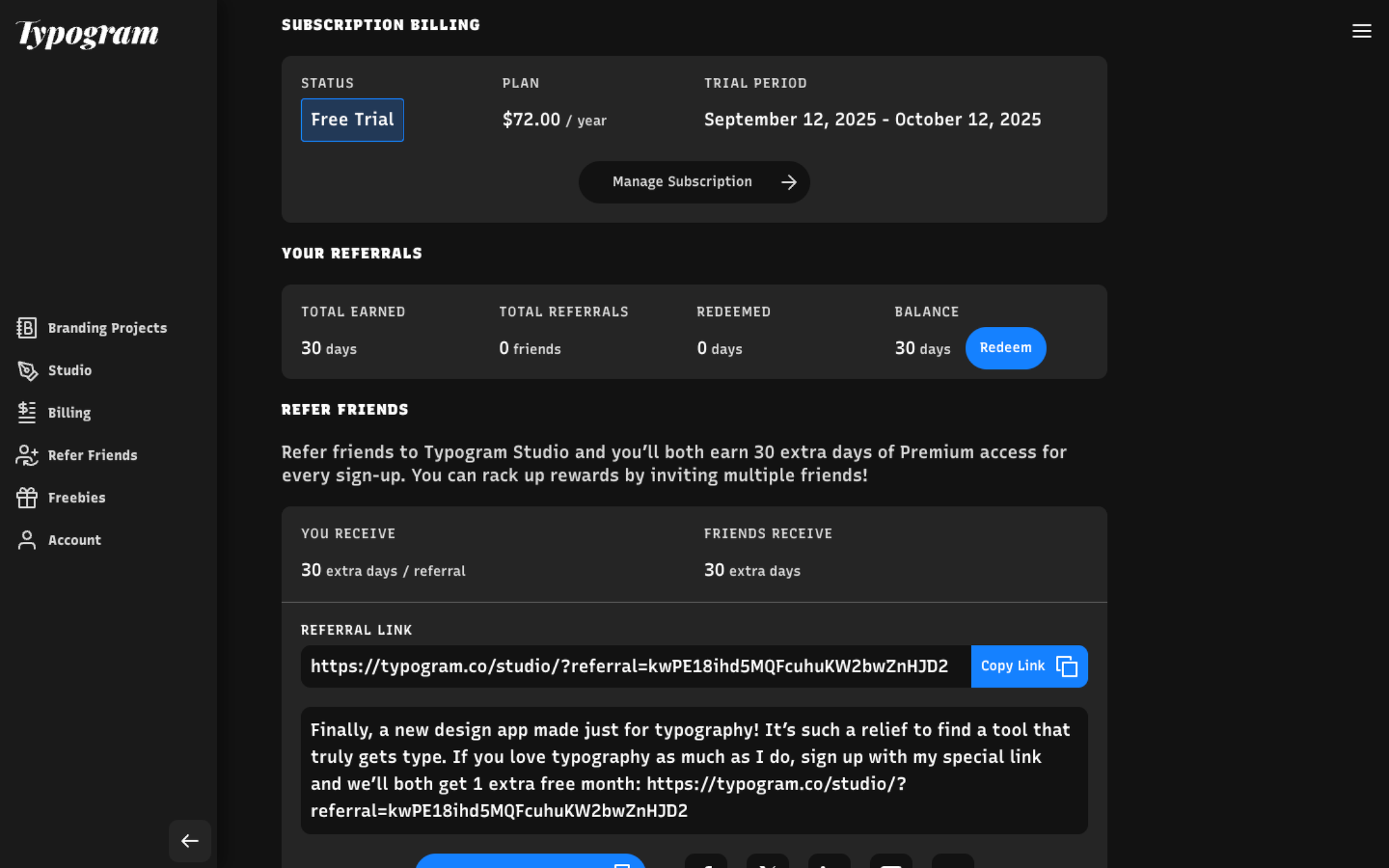 Redeem button – extend your subscription with referral credit