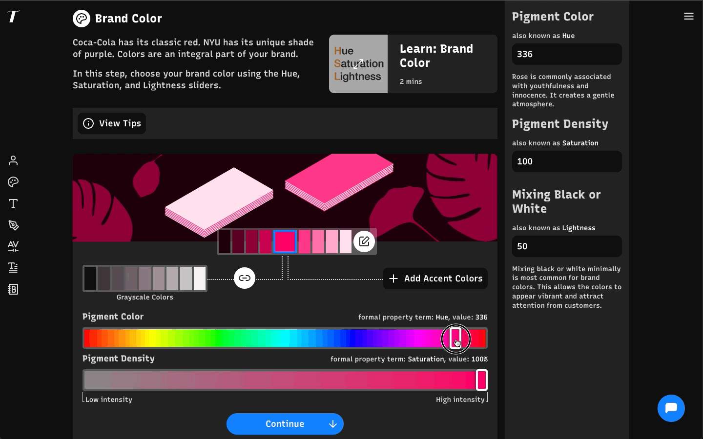 Img: Info panel also has information about the selected color and their hue, saturation, lightness values